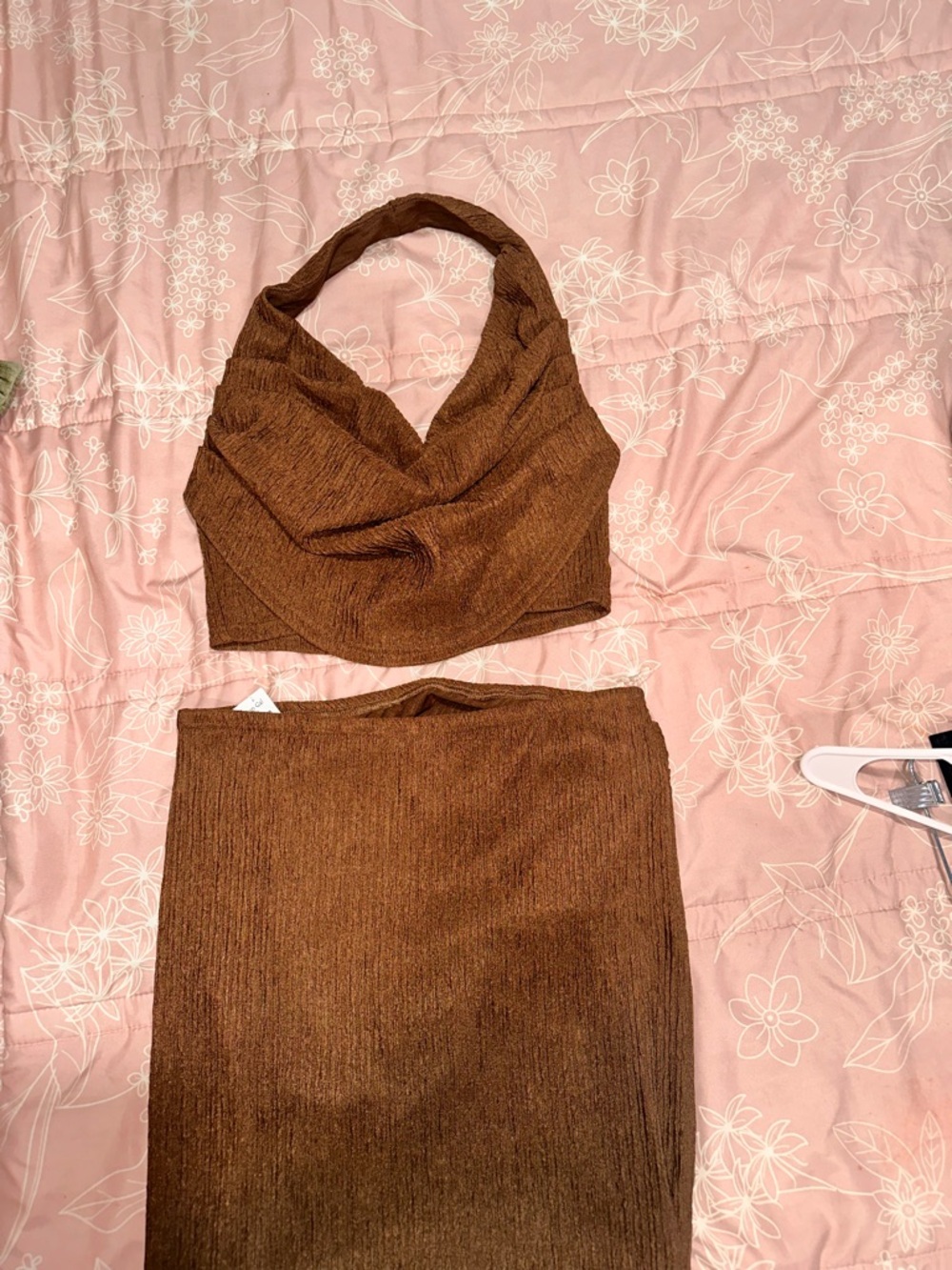 Brown Women's Ribbed Halter Skirt Set